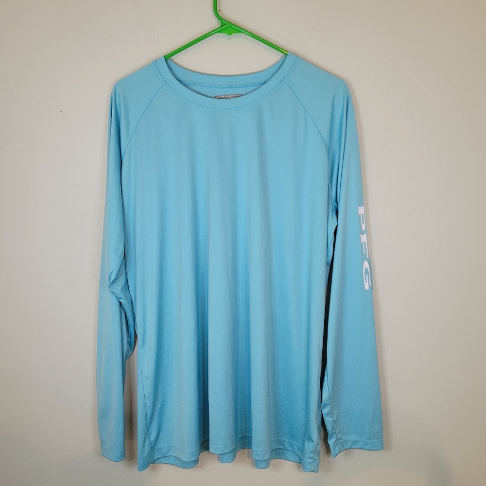 Columbia PFG Omni Shade Long Sleeve Light Blue spellout Fishing Shirt 2XL